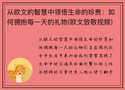 从欧文的智慧中领悟生命的珍贵：如何拥抱每一天的礼物(欧文致敬视频)