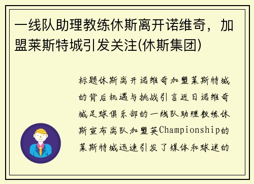 一线队助理教练休斯离开诺维奇，加盟莱斯特城引发关注(休斯集团)